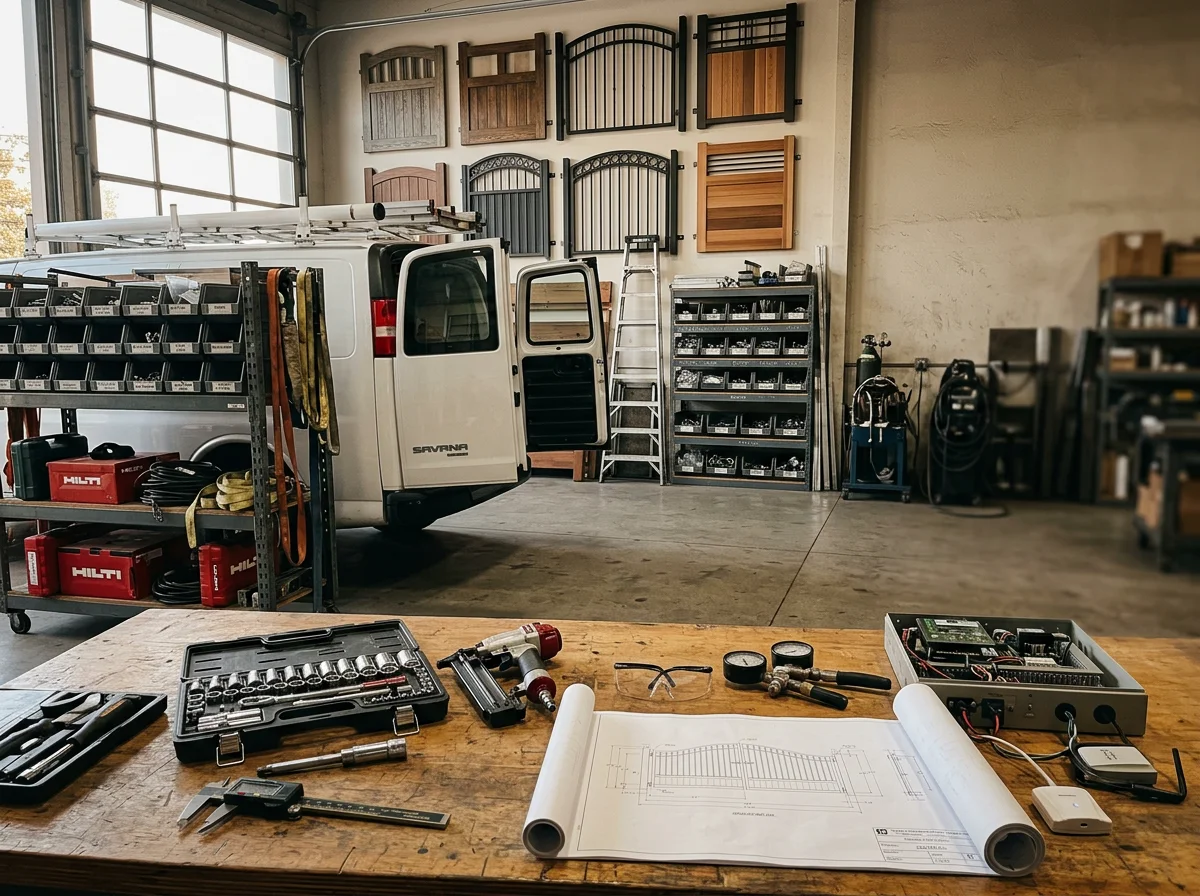 Professional technicians and tools in a shop setting, ready to install and service garage doors and automated gates.