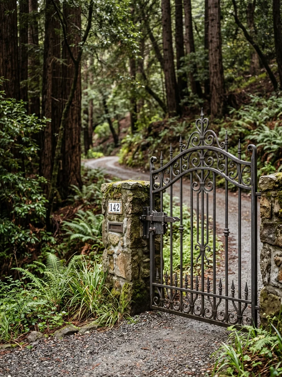 A custom gate installation on a narrow driveway in the Homestead Valley neighborhood of Mill Valley, CA, with the wooded hillside of Mount Tamalpais visible above.