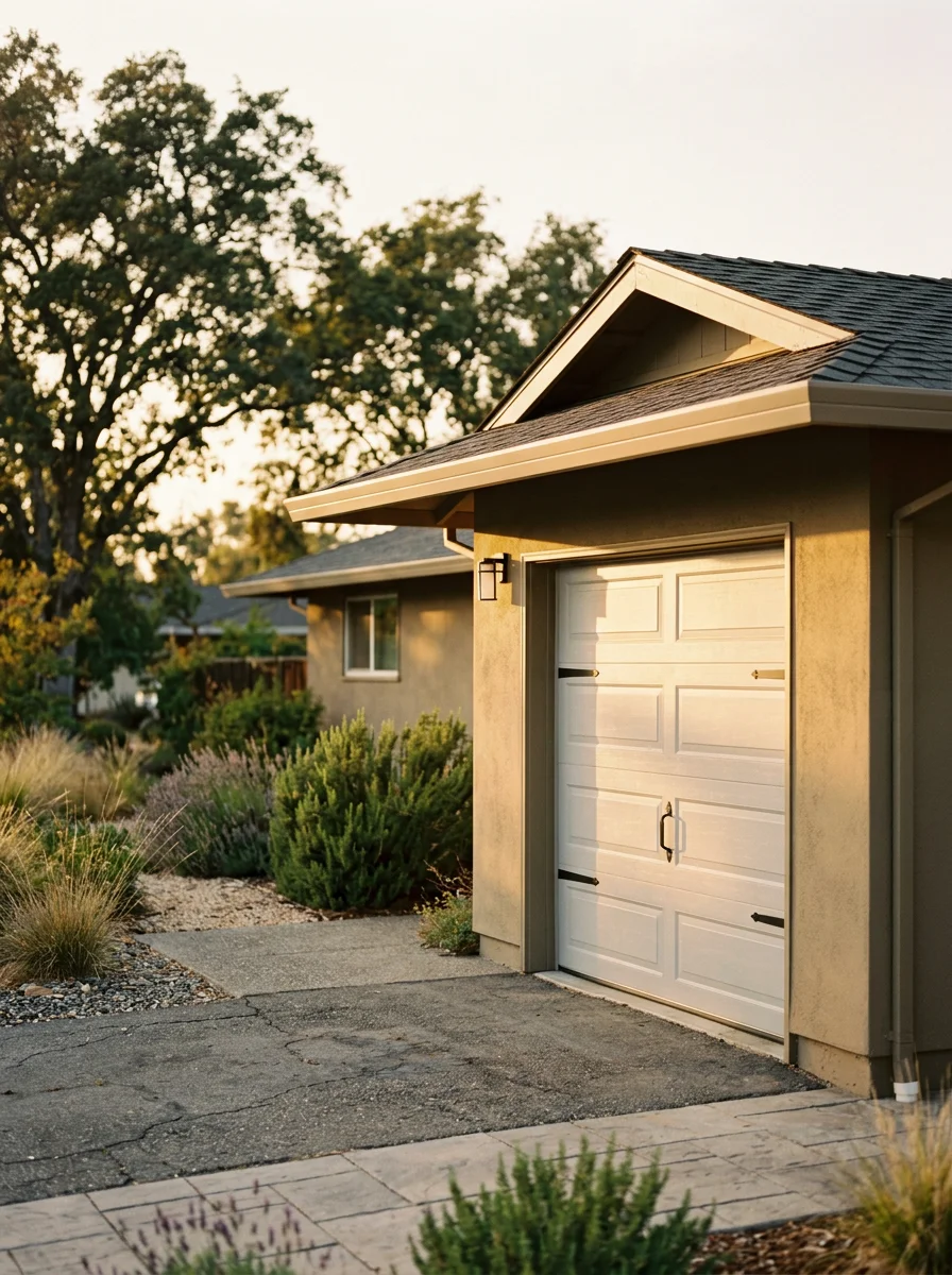 A garage door installation on a mid-century ranch home in North Napa, CA, with the home's low-profile roofline and attached single-car garage visible.