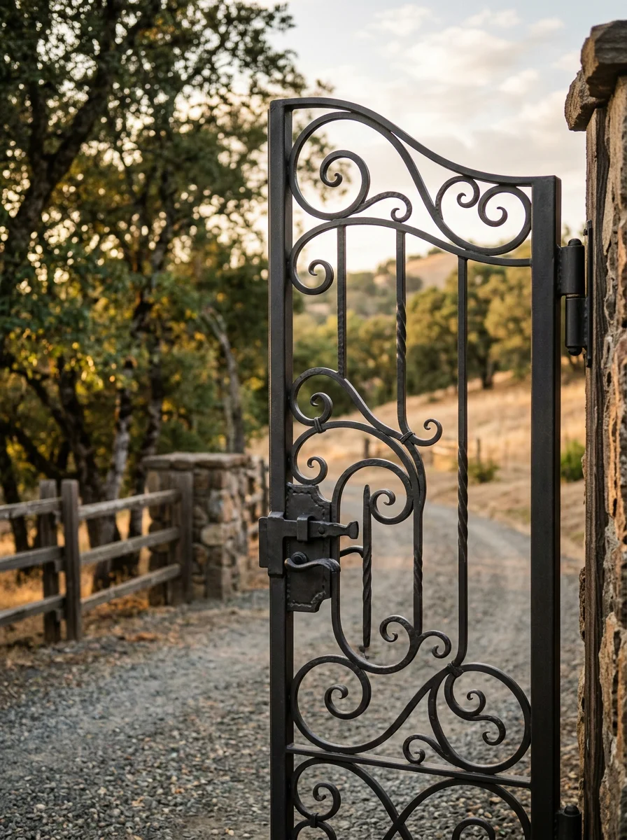 Close-up of a custom fabricated iron driveway gate installed on a large lot property in the Indian Valley area of Novato, CA.