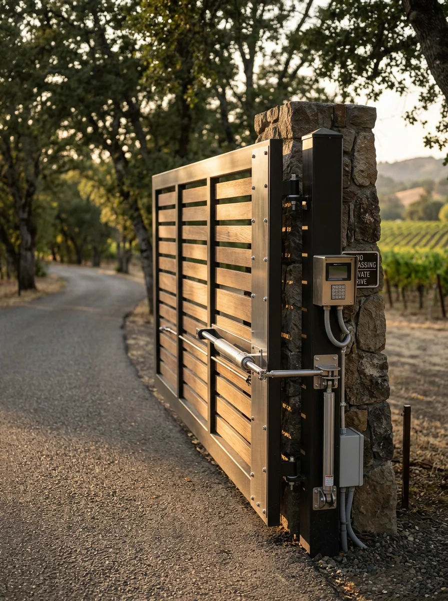An automated driveway gate at the entrance to a large west Petaluma property with vineyard rows visible in the background.