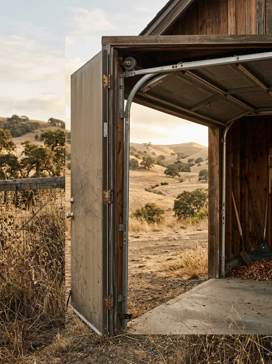 A west-facing garage door on a rural property near Petaluma, CA, showing the open, wind-exposed setting typical of properties along the Petaluma Gap corridor.