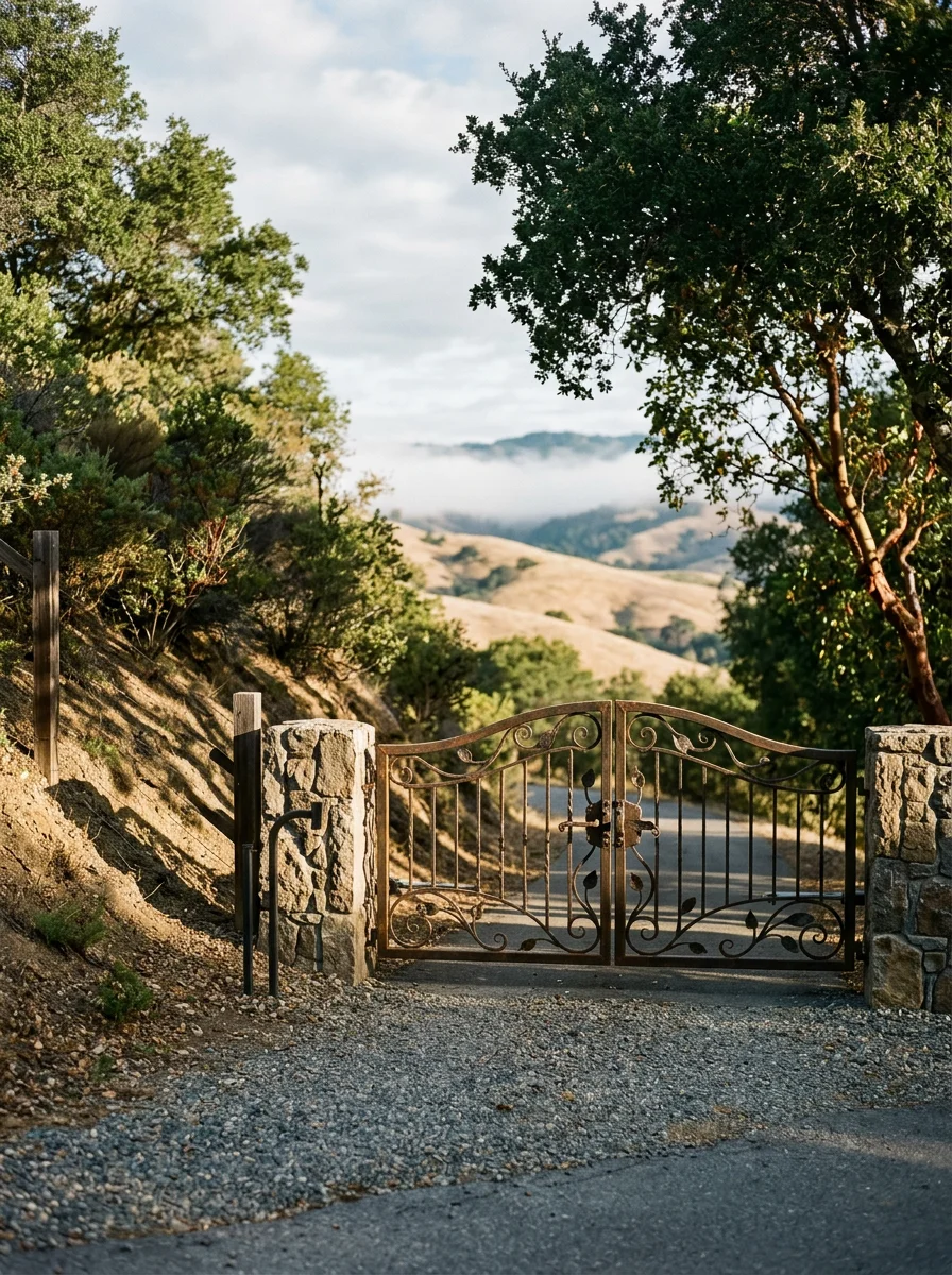 A custom fabricated iron gate on a steep hillside driveway in the Country Club neighborhood of San Rafael, CA, with Marin County hills in the background.