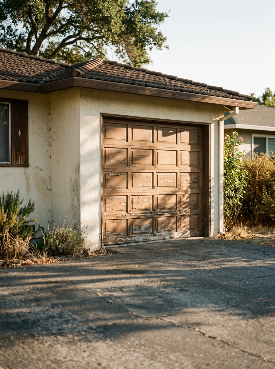 A mid-century single-family home in the Montgomery Village area of Santa Rosa, CA, with an older wood-panel garage door in need of service.