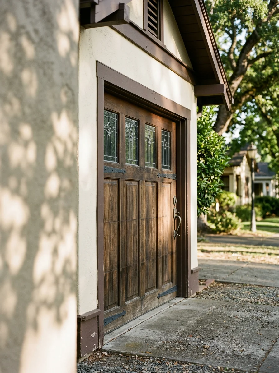 A residential garage door on a historic bungalow near Sonoma Plaza, with the town's characteristic low-profile architecture and mature street trees visible.