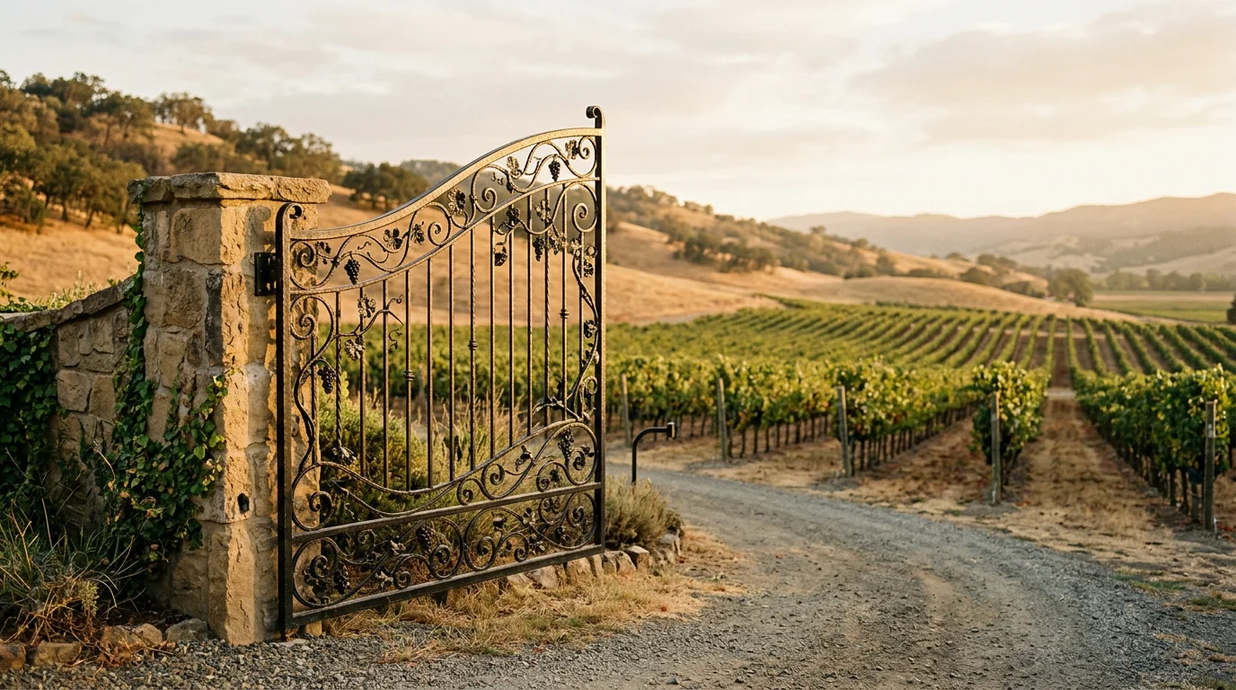 A custom iron swing gate at the entrance of a vineyard estate in Sonoma, CA, with rows of grapevines and Sonoma Valley hills visible in the background.