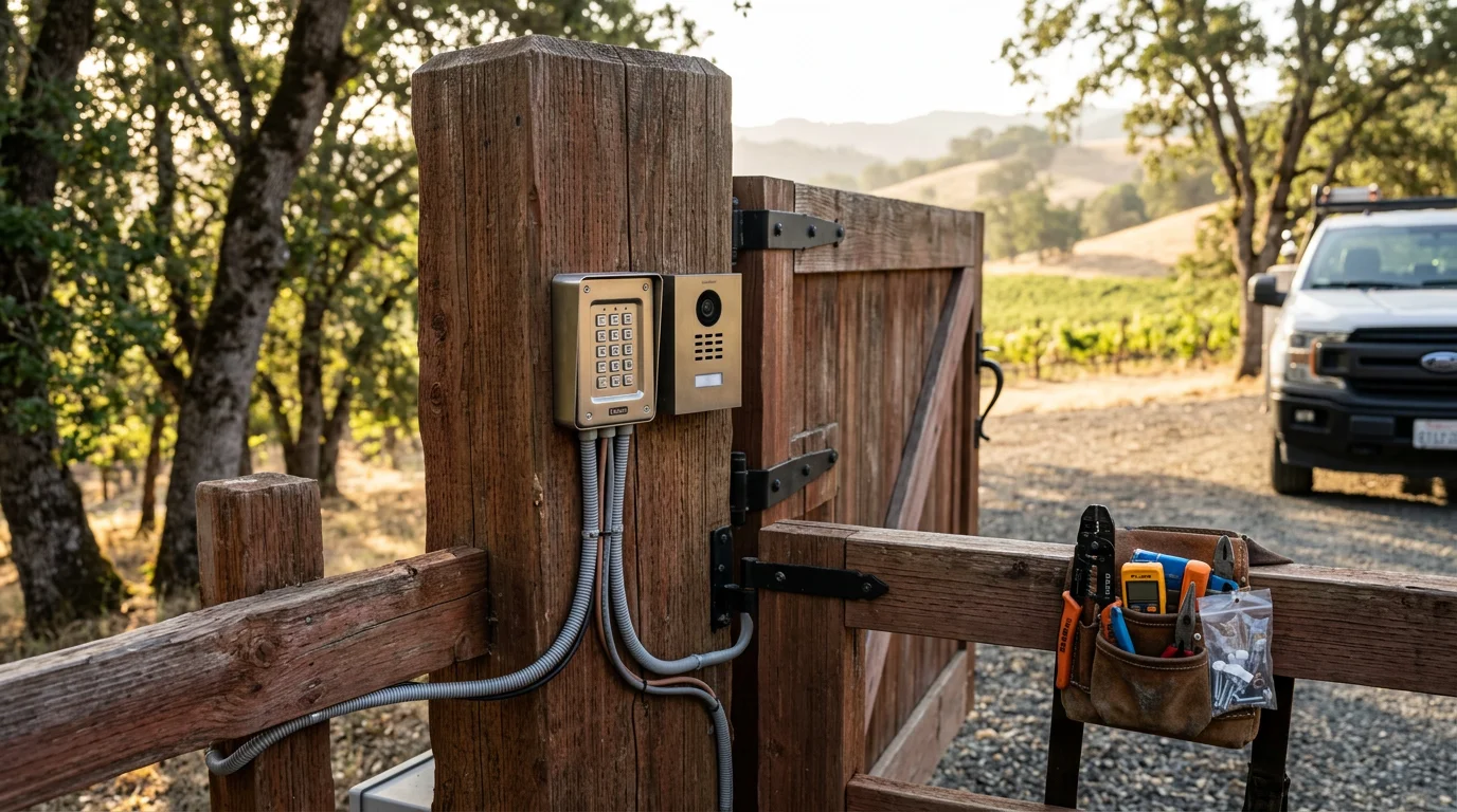 A residential driveway gate entry panel with a keypad and intercom mounted on a post in Novato, California. The gate and access control system are installed at the entrance to a private property with a paved driveway.