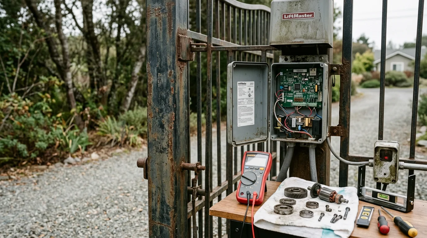 A licensed technician inspecting an automation system motor and control board on a residential gate in Novato, California. The technician is checking wiring connections on a sunny North Bay property.