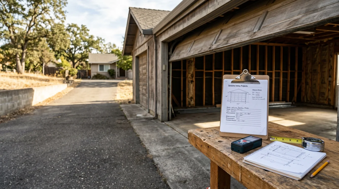A Sonoma Overhead Doors And Gates technician conducting an on-site estimate at a residential property in Novato, California, reviewing a garage door and gate setup from the driveway.