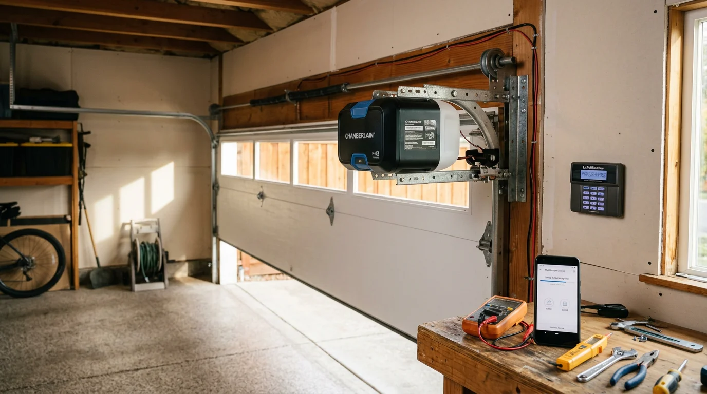 A residential garage in Novato, California with a newly installed automated opener and wall-mounted keypad. The door is shown in the open position with the drive rail and motor unit visible overhead.
