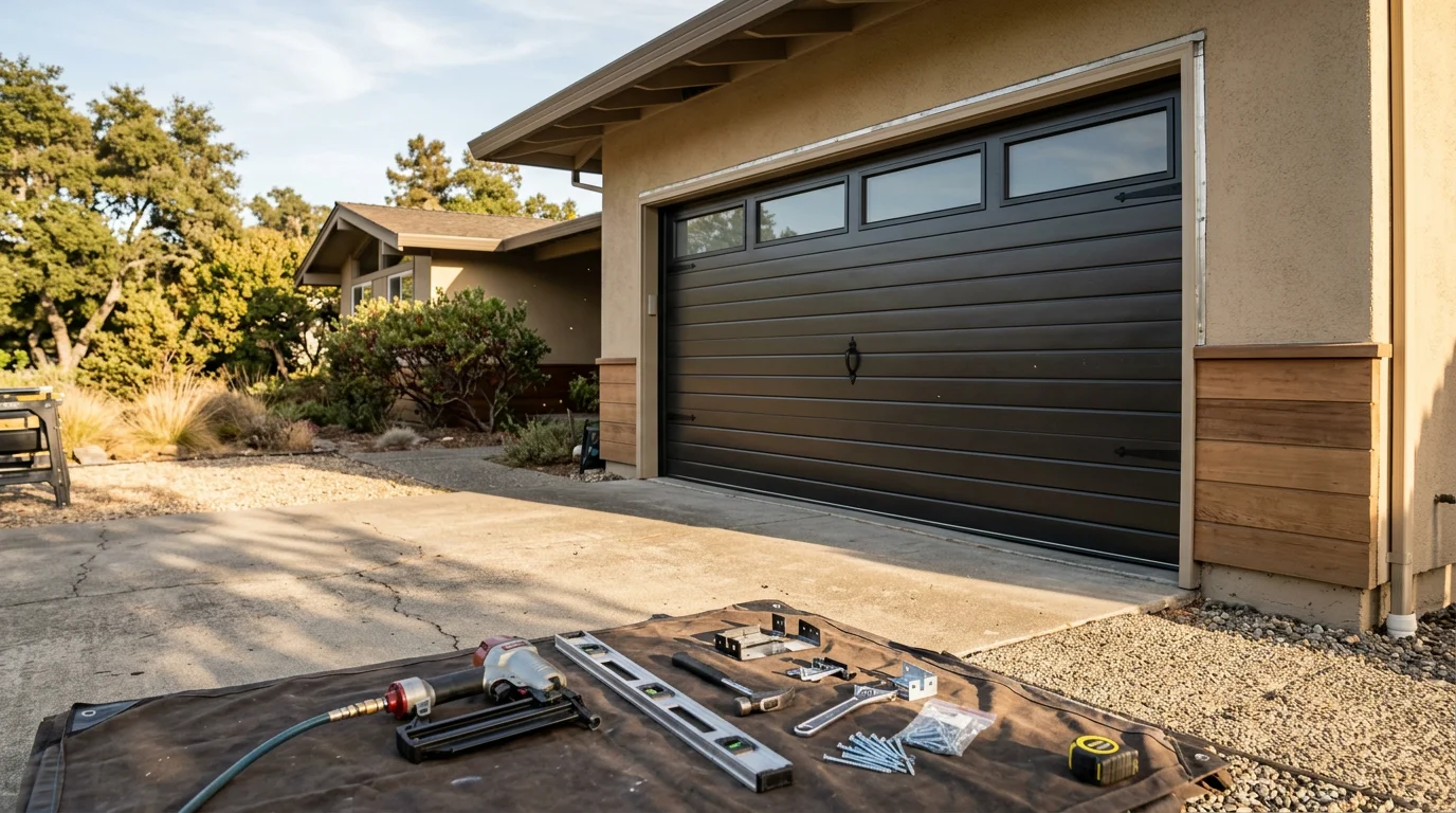 A newly installed residential garage door on a ranch-style home in Novato, California, with clean panel lines and fresh hardware visible against a typical Marin County streetscape.
