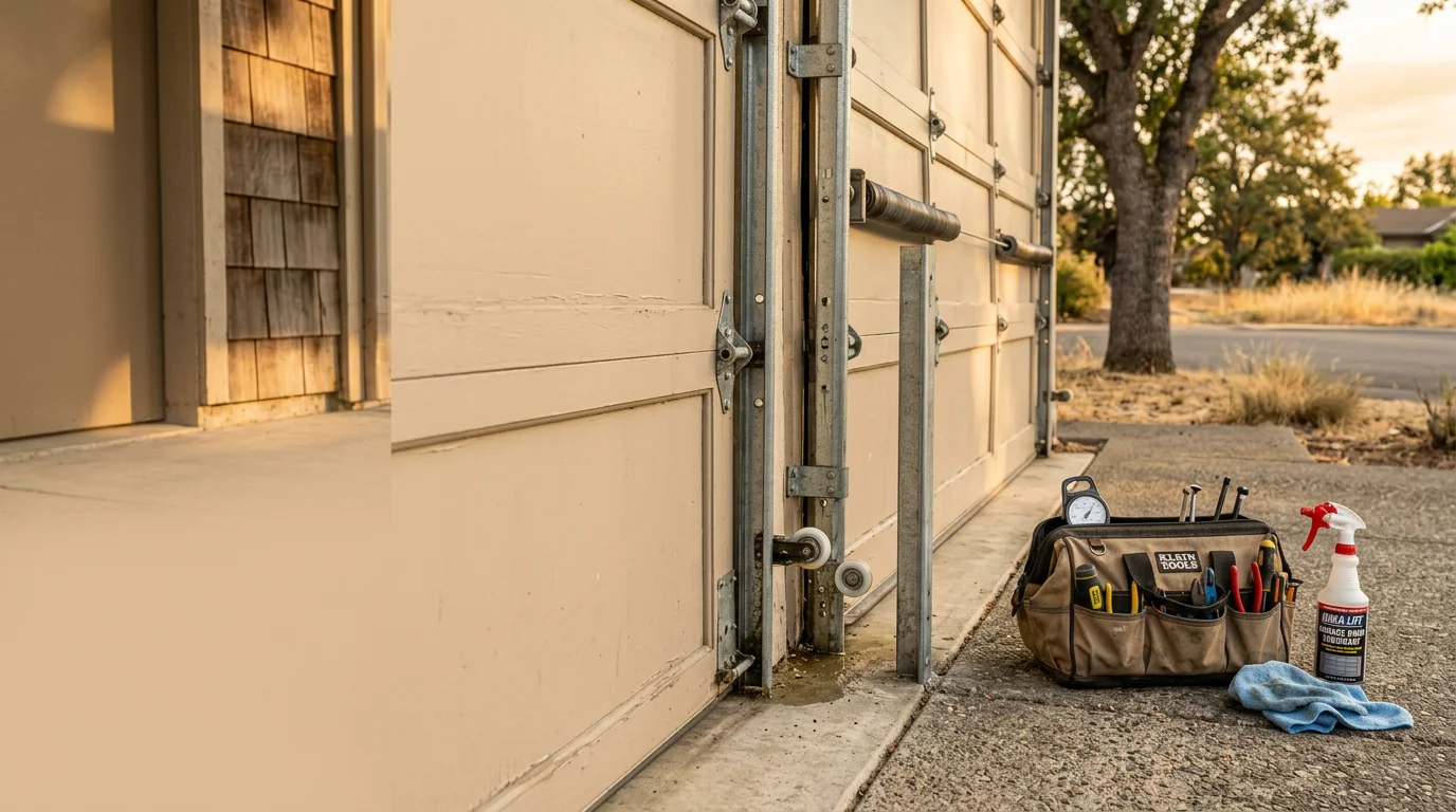A licensed technician from Sonoma Overhead Doors And Gates lubricating the hinges and rollers of a residential garage door during a maintenance visit in Novato, California. The technician inspects the spring and cable assembly on a single-car overhead door attached to a suburban home.