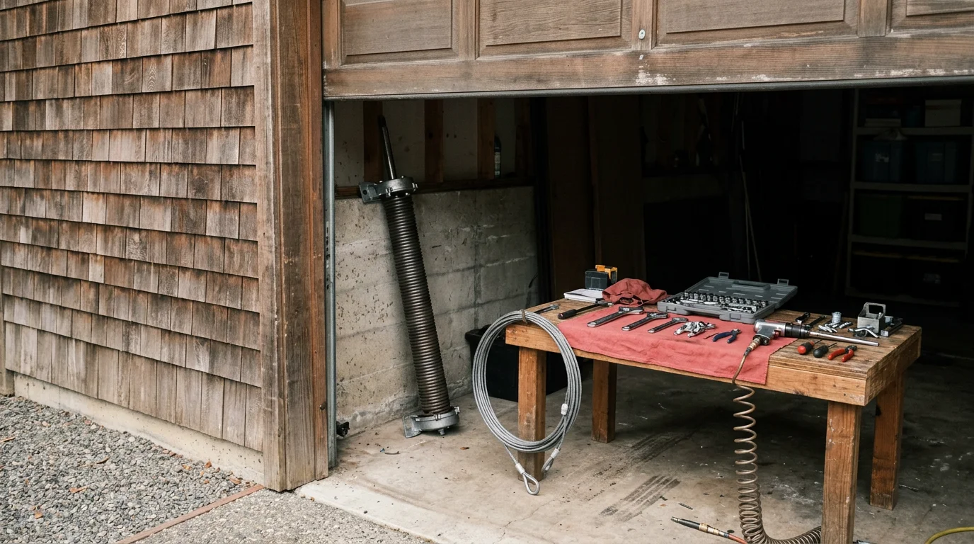 A residential garage door in Novato, California being inspected by a technician, with the door panels and spring hardware visible in a typical North Bay single-family home setting.