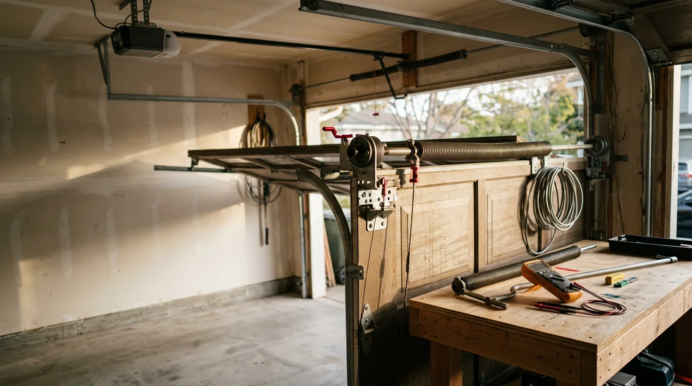 A residential garage door on a single-family home in Novato, California, with a technician from Sonoma Overhead Doors And Gates performing a spring and hardware inspection. The home reflects the mixed housing styles common across Novato neighborhoods.