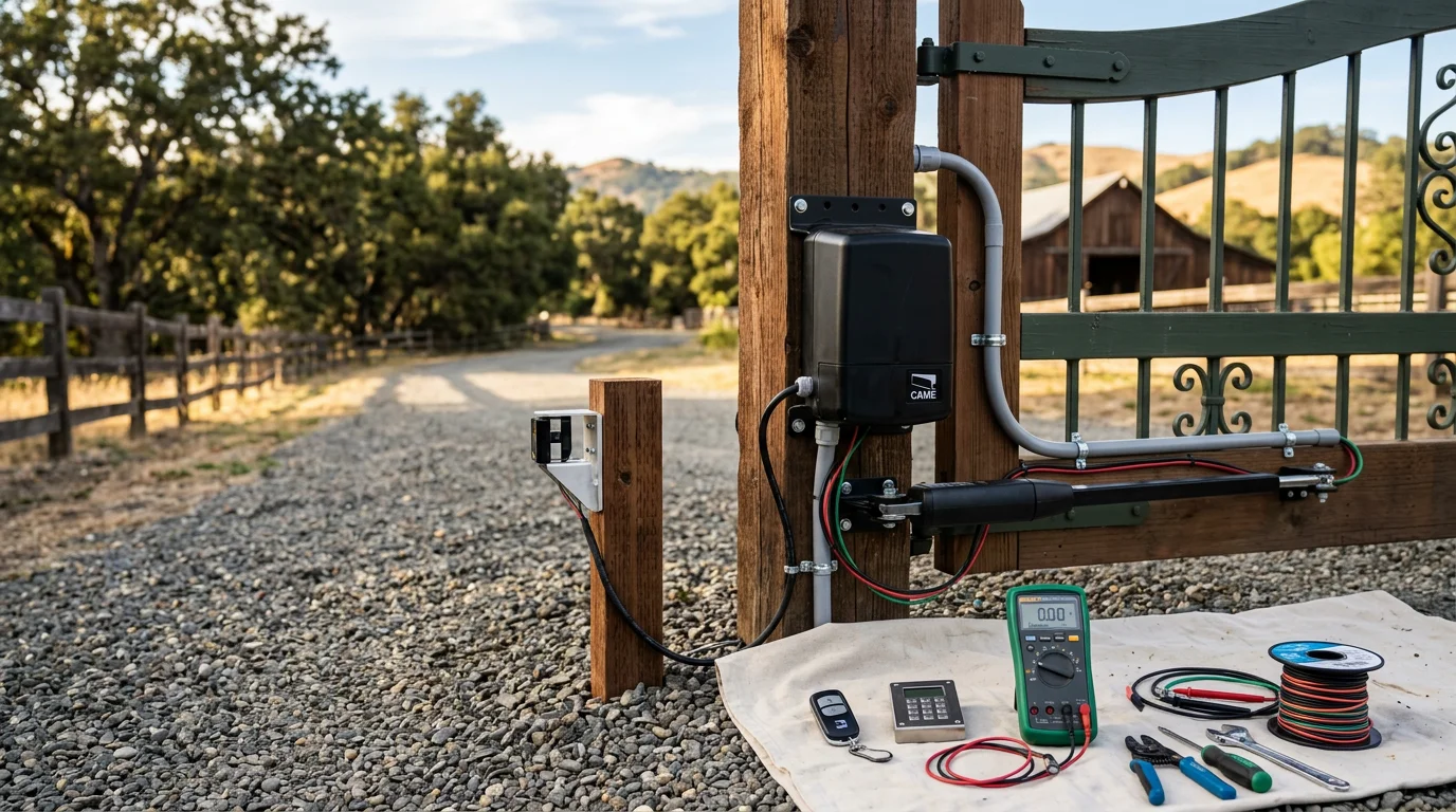 A black metal automated swing gate at the driveway entry of a residential property in Novato, California, with a wall-mounted keypad and operator arm visible. The gate is shown in the open position against a backdrop of a paved driveway and landscaped front yard.