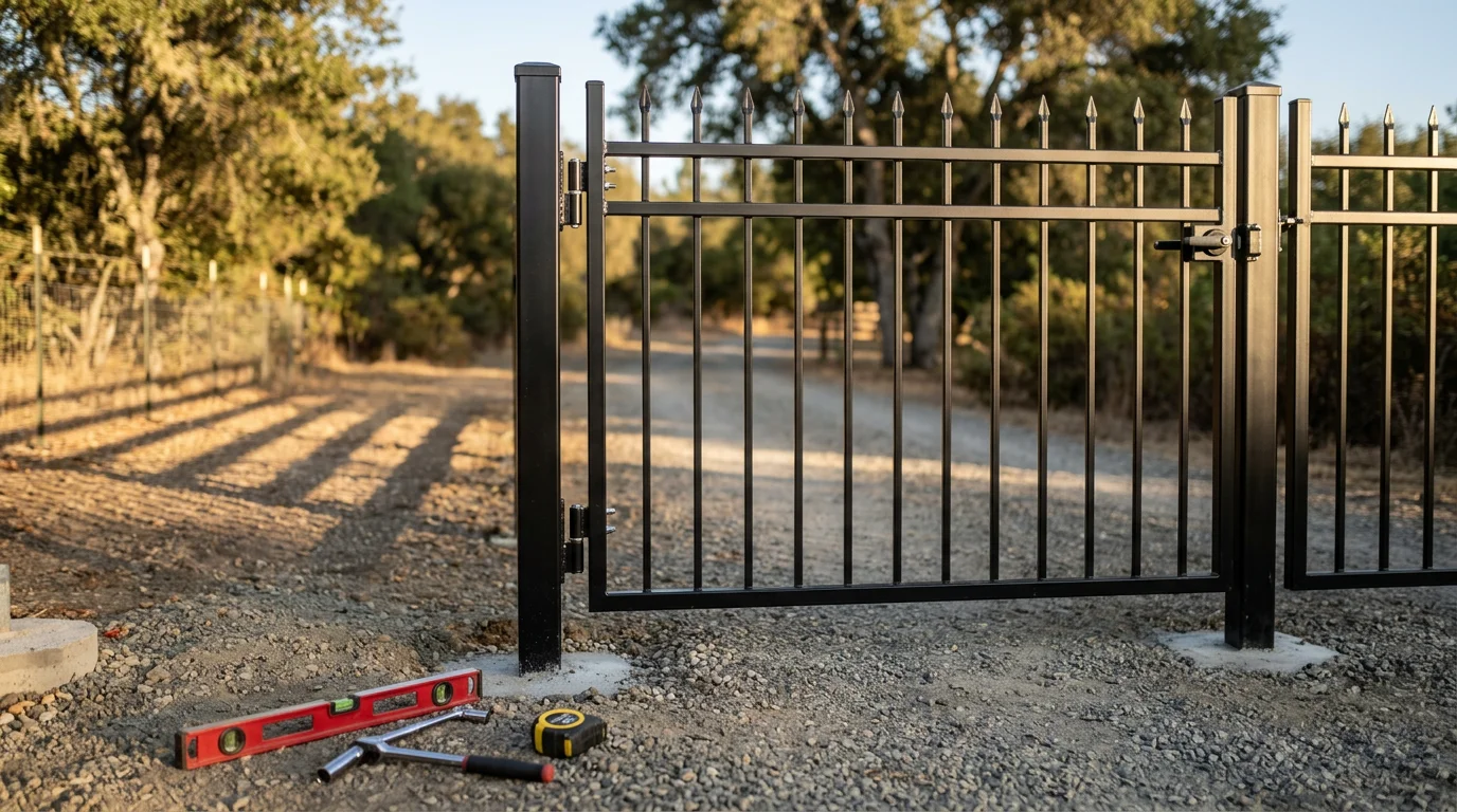 A newly installed swing gate at the driveway entrance of a residential property in Novato, California. The gate is set between two solid posts with a clear view of the home's front approach behind it.