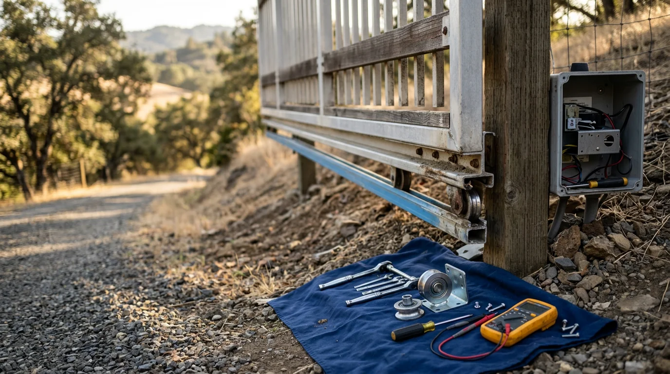 A residential swing gate in Novato, California being inspected by a technician from Sonoma Overhead Doors And Gates. The gate is mounted on a concrete driveway with a hillside property visible in the background.
