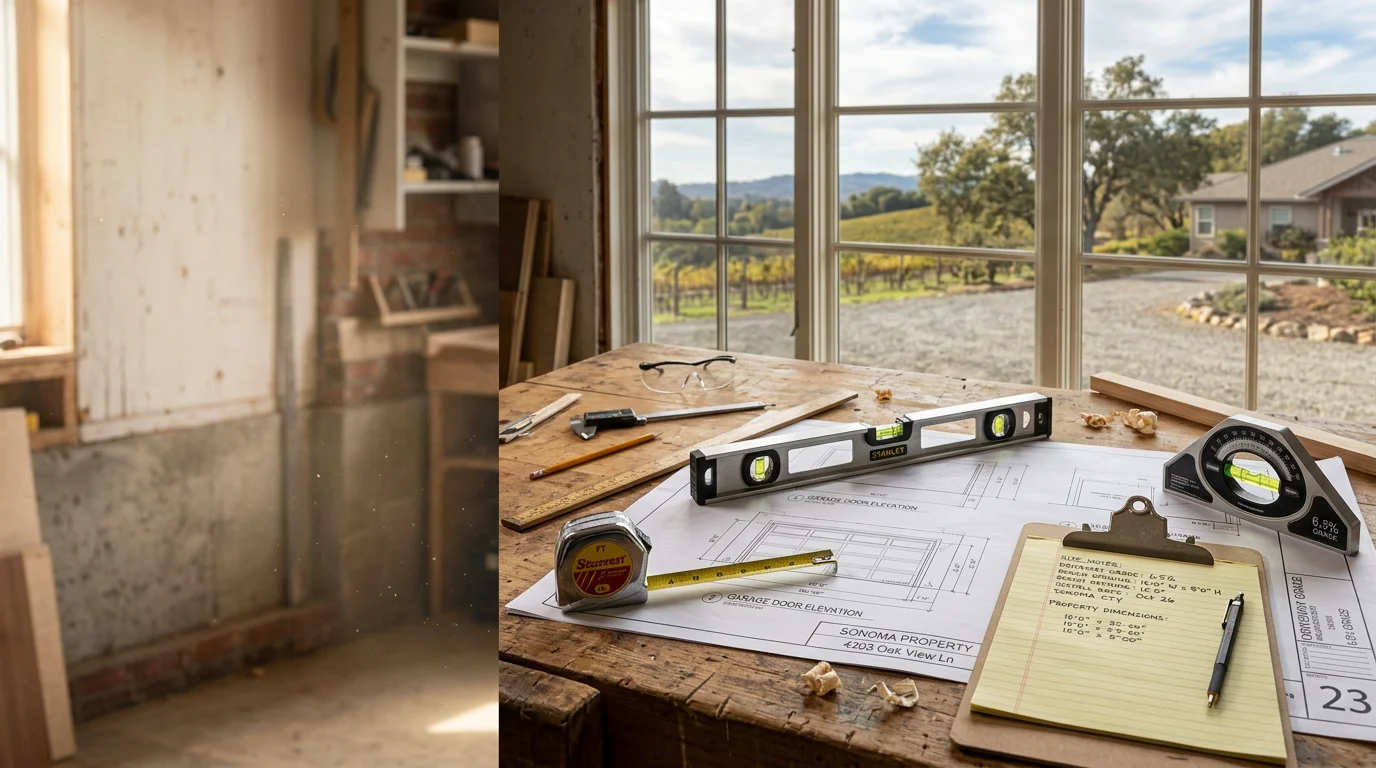 A licensed technician from Sonoma Overhead Doors And Gates reviewing a residential driveway layout and garage opening dimensions at a single-family home in Novato, California. The technician takes notes on site conditions during the project planning process.